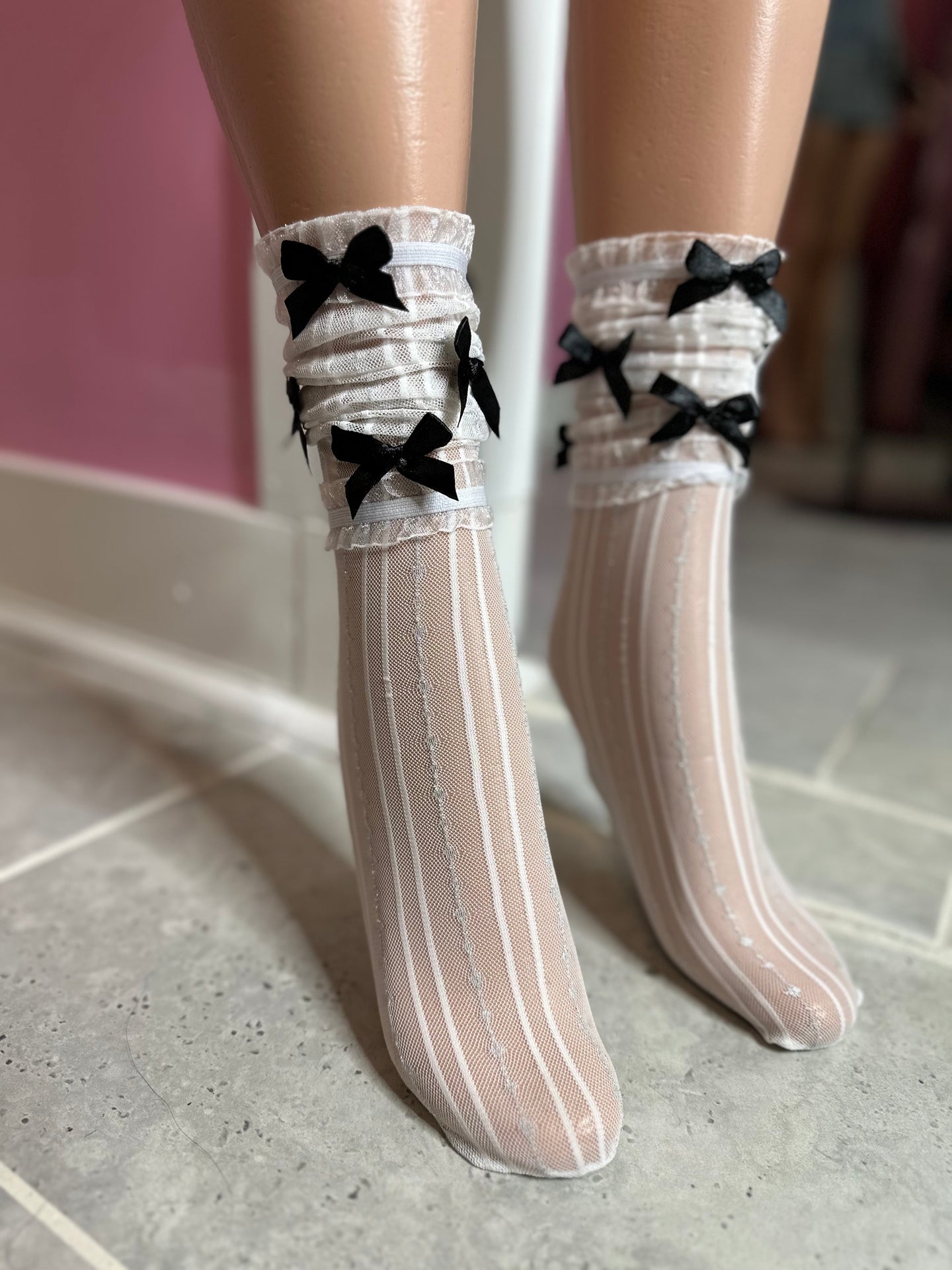 Vintage Chic Sheer Lace Socks with Black Bows- White