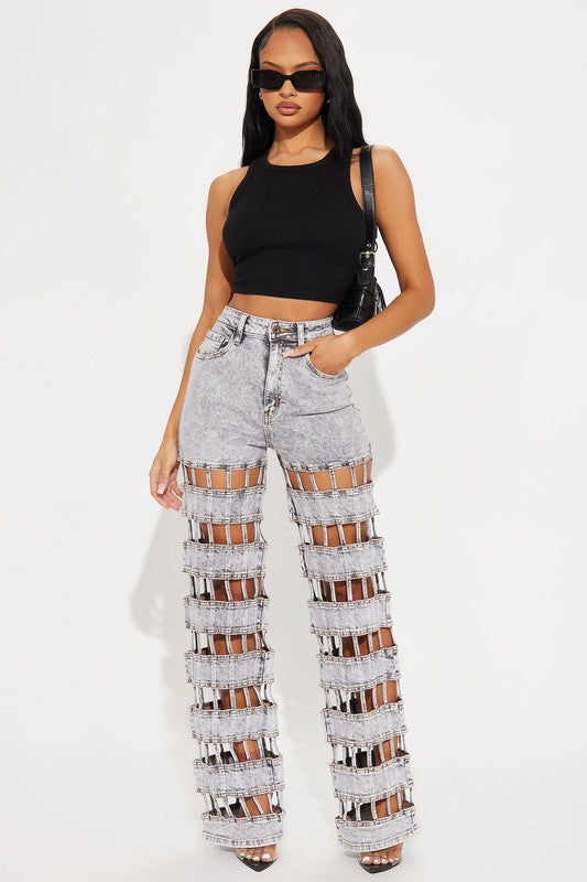 Concrete Cutout Cage Denim Jeans – Gray