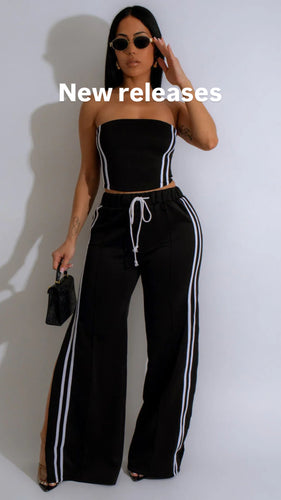 Missed Flights Tube Top & Side Stripe Pant Set- Black