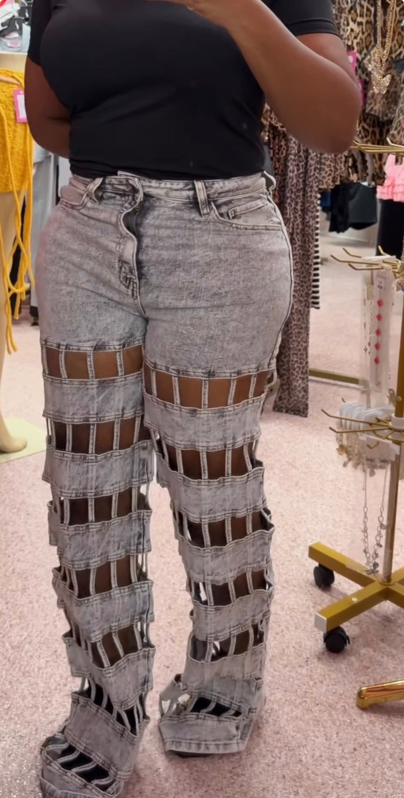 Concrete Cutout Cage Denim Jeans – Gray