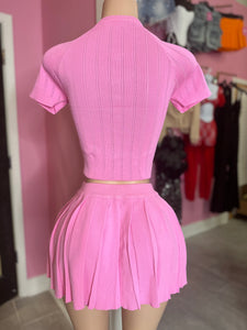 Erica Button Top & Pleated Skirt Set- Pink