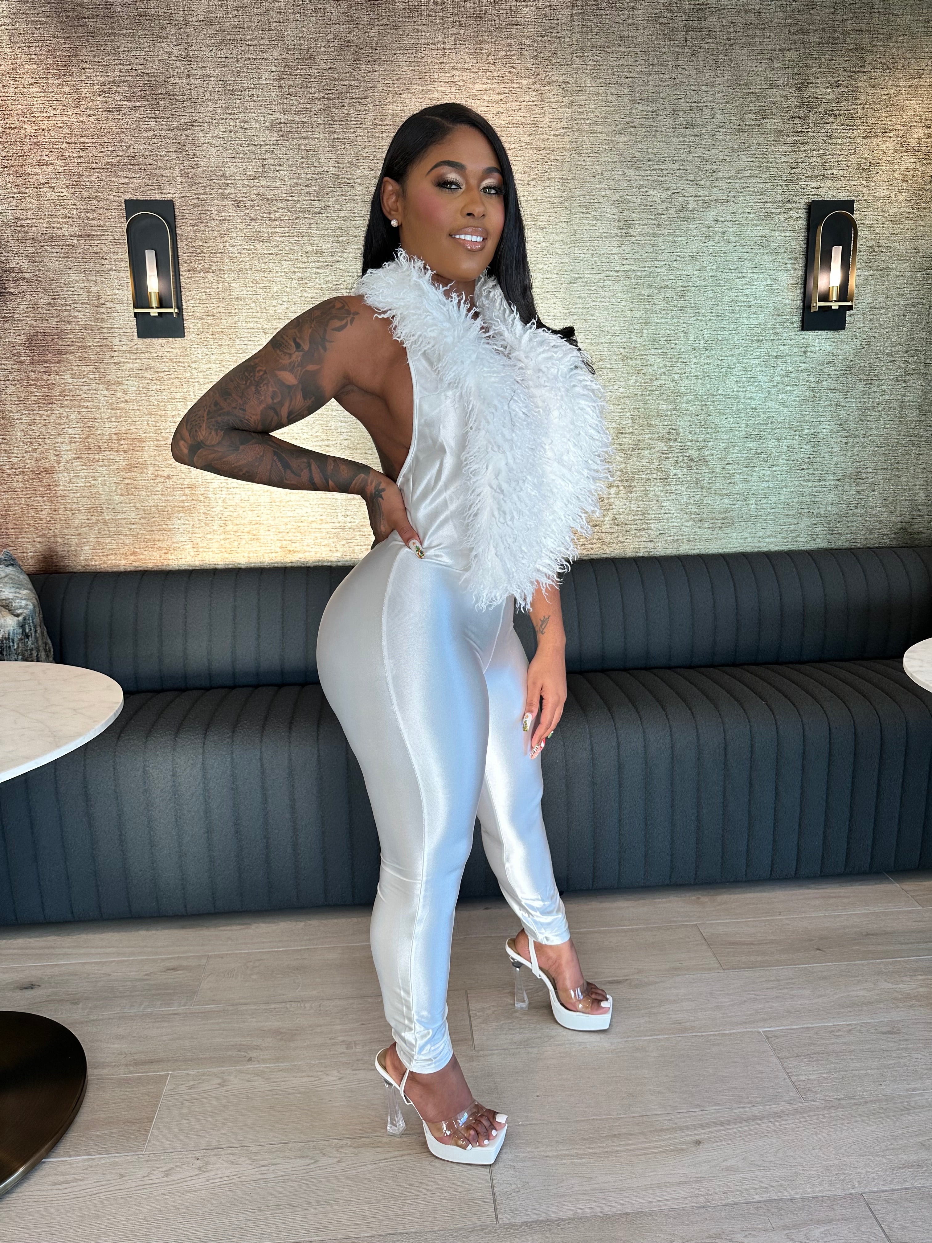 Make An Appearance Halter Neck Mongolian Fur Jumpsuit- White