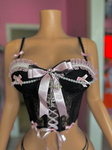 *Pre-Order* (10-15 days then ship) Pure Night Lace Corset Set- Black/Pink