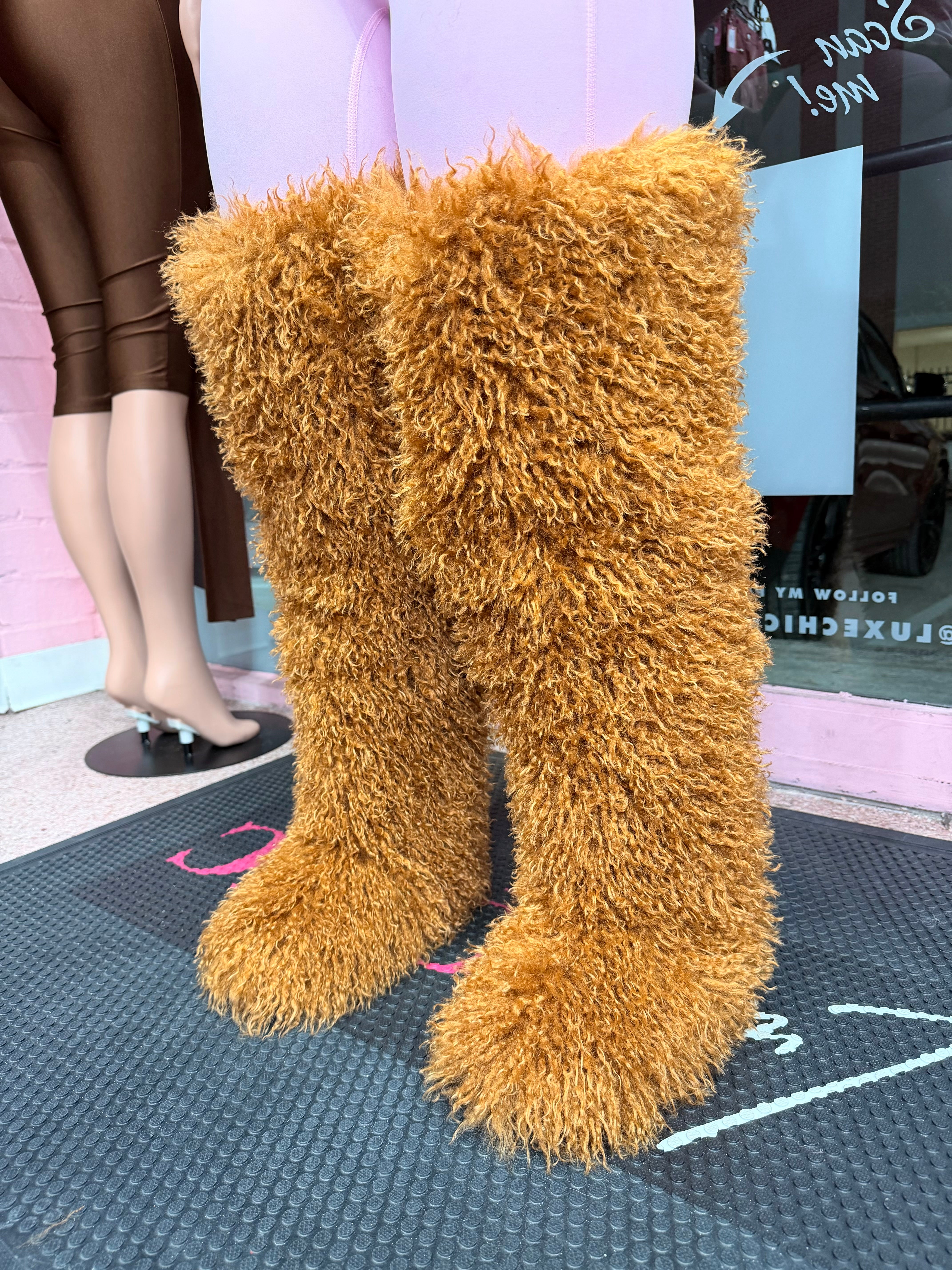 Shaggy Mongolian Fur Thigh High Boots- Brown