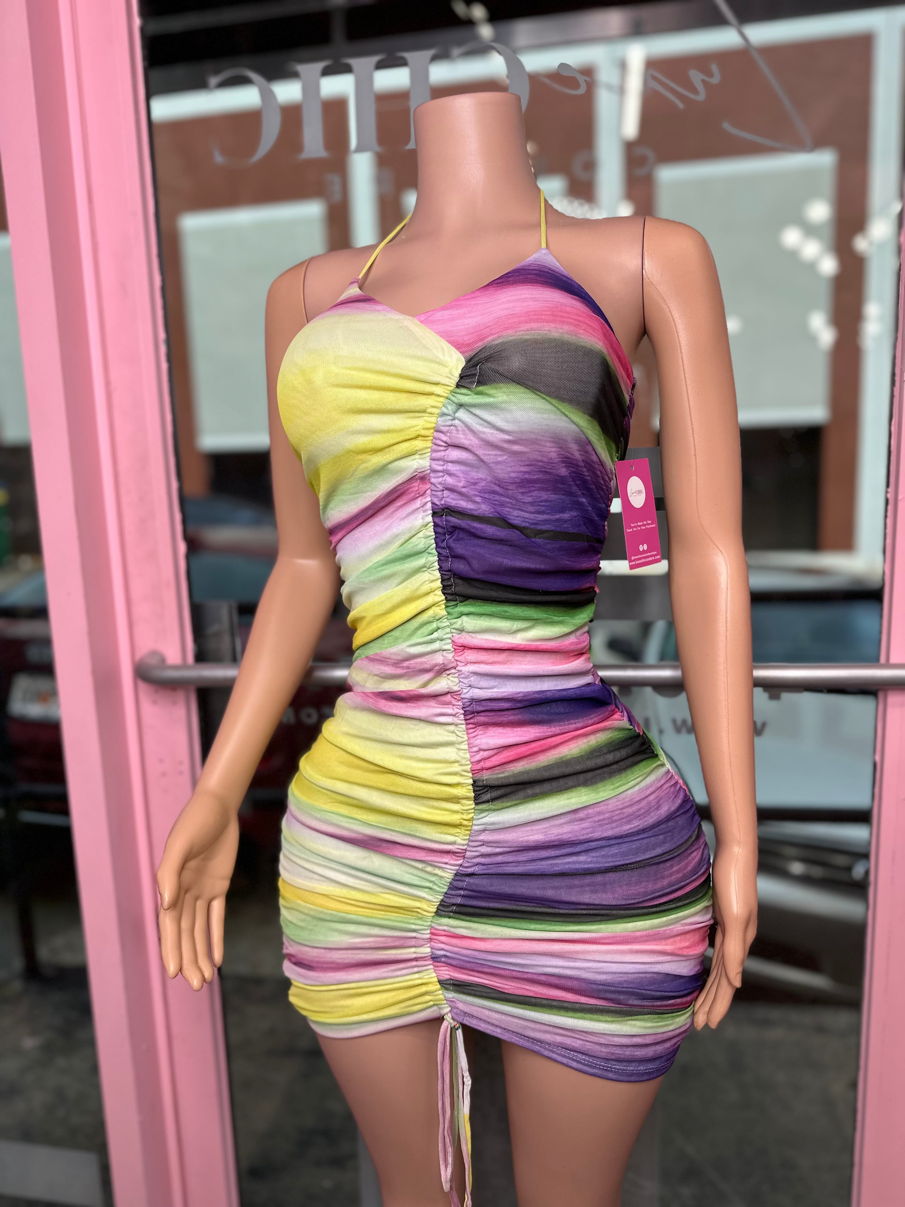 Rush Hour Ruched Halter Dress- Purple Multi