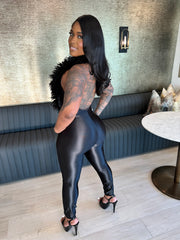 Make An Appearance Halter Neck Mongolian Fur Jumpsuit- Black