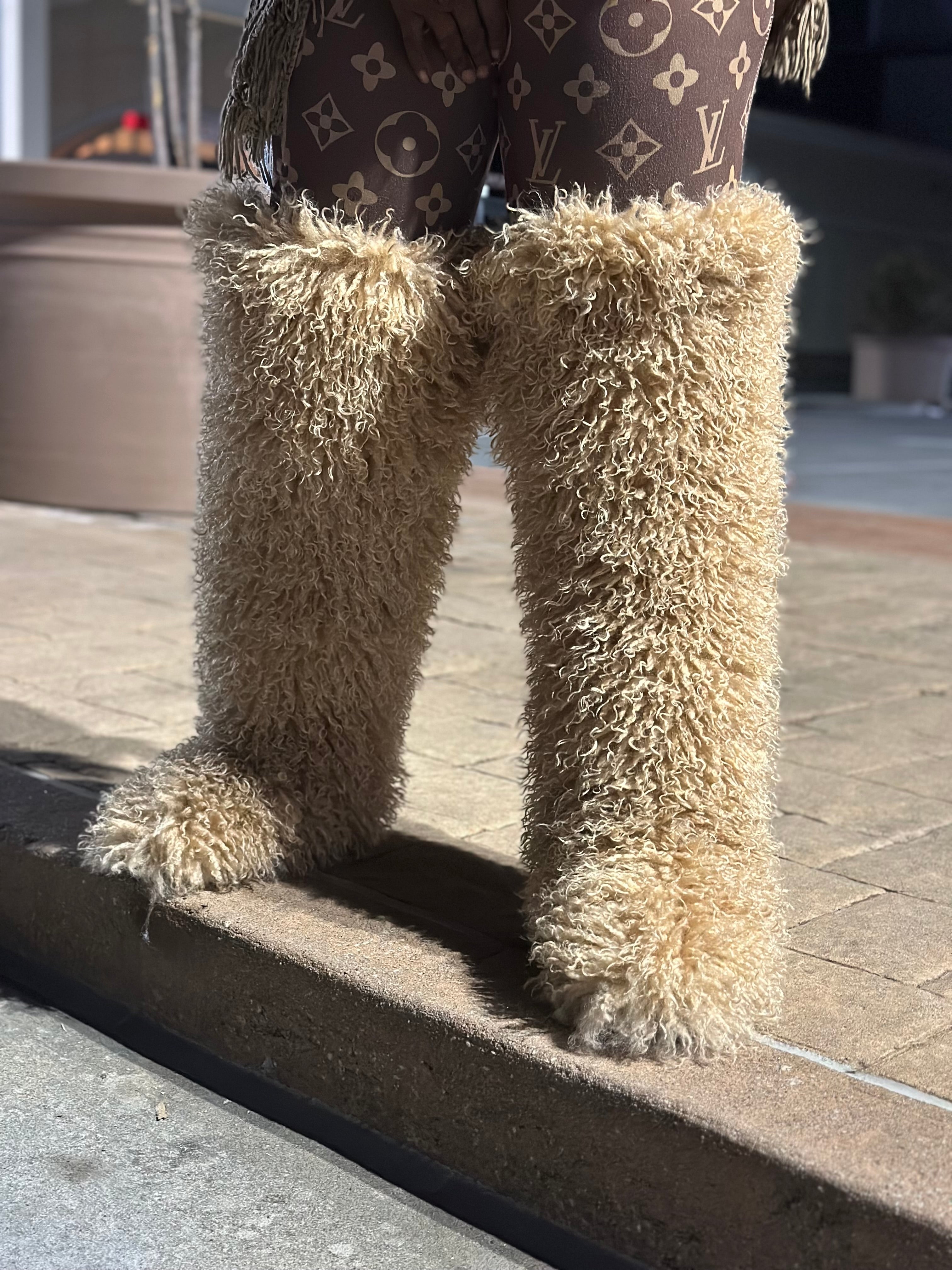 *Pre-Order 10-15 business days then ship* Shaggy Mongolian Fur Thigh High Boots- Tan