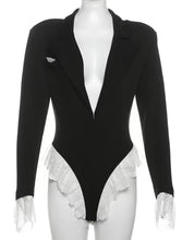 Seductive Deep V Blazer Romper with Lace Trim (Romper Only)- Black