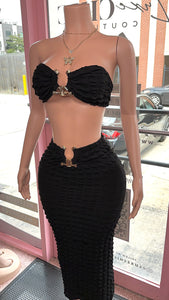 Popcorn Gold Trim Bandeau Top & Skirt Set- Black