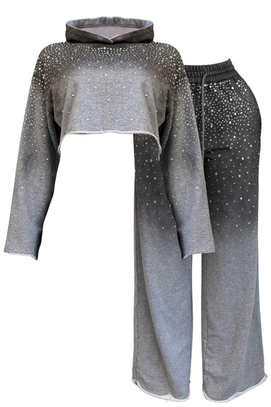 Rhinestone Ombré Hoodie Pant Set – Gray