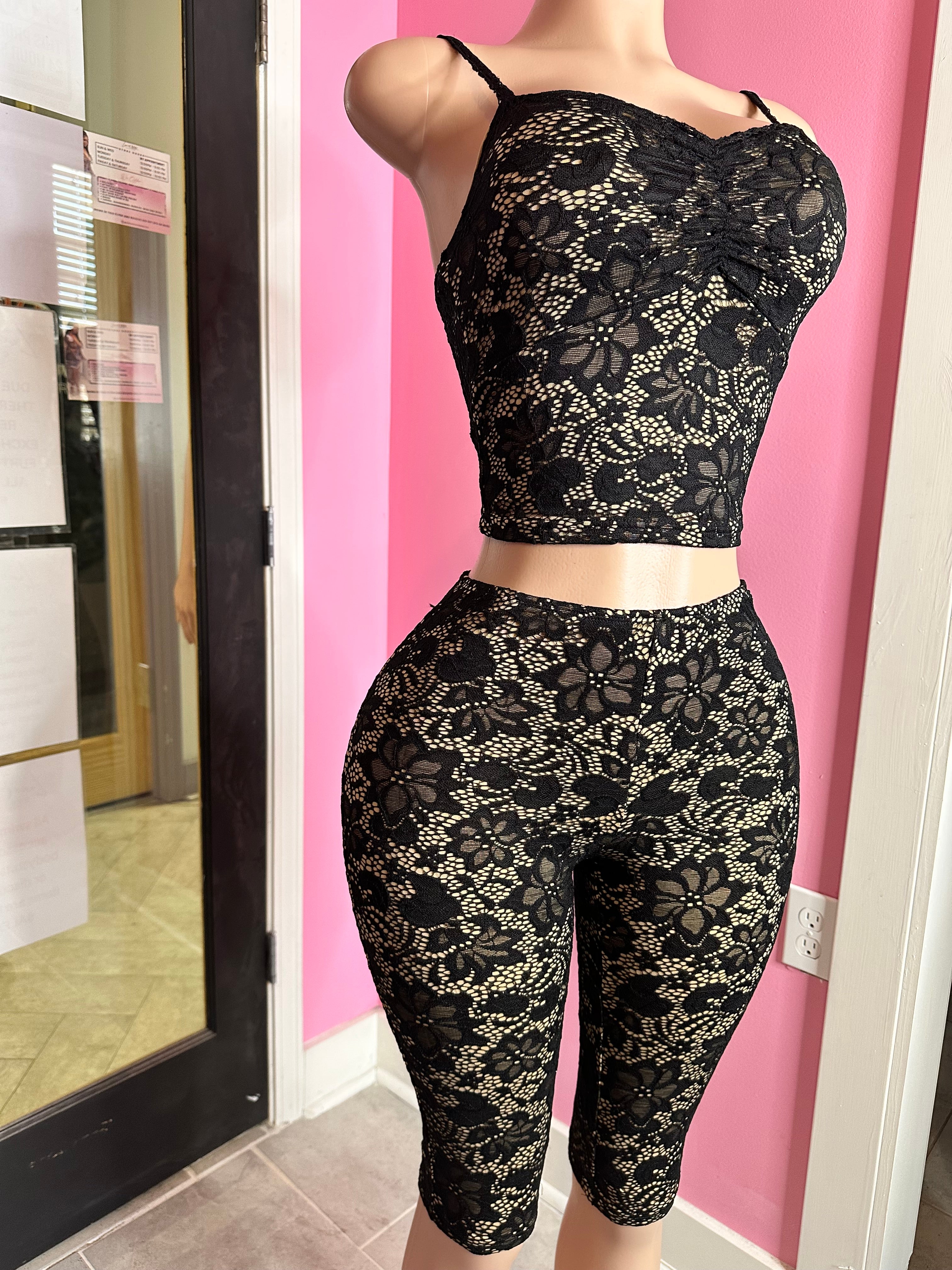 Seductive Silhouette Lace Capri Set- Black