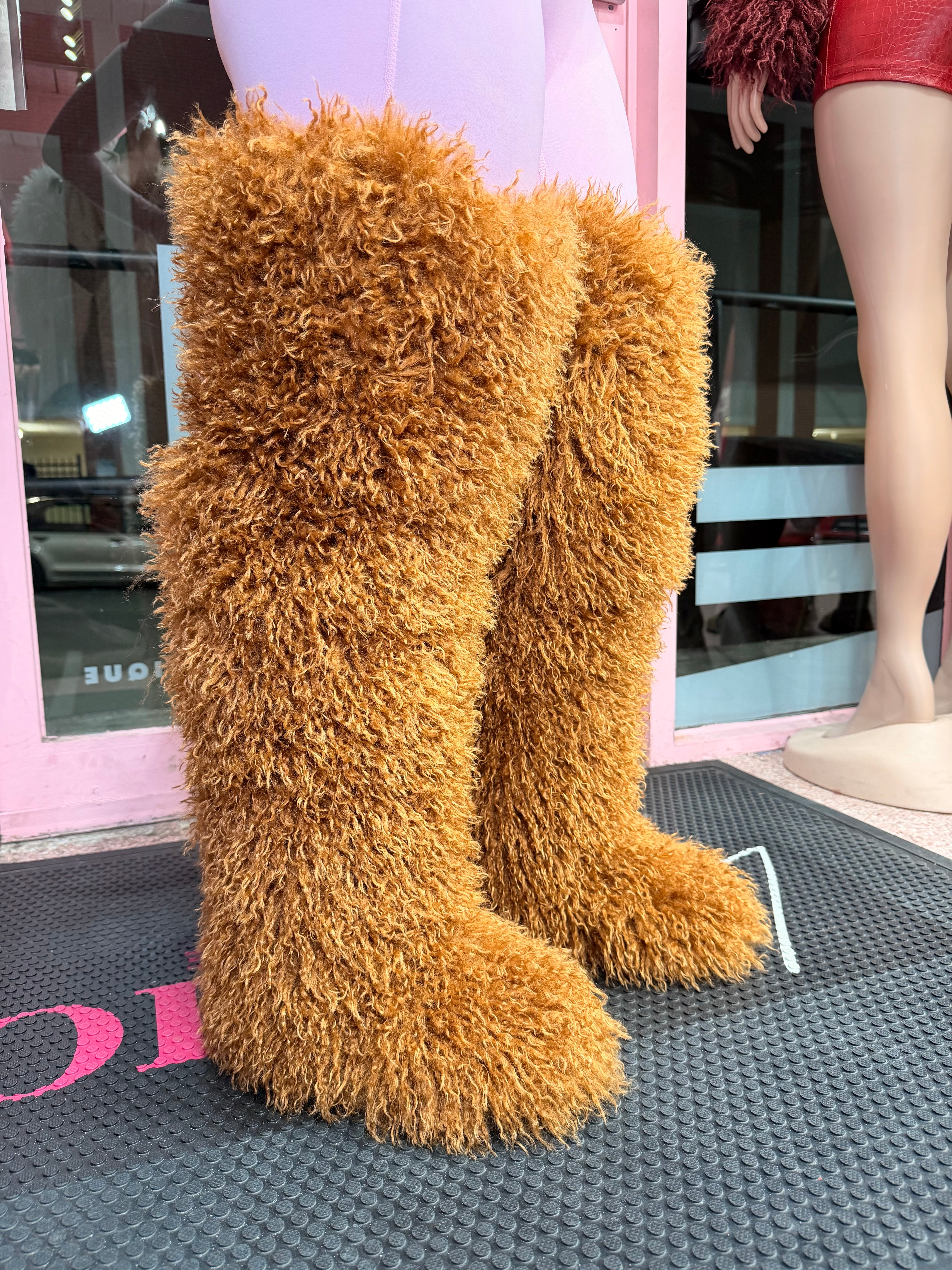 Shaggy Mongolian Fur Thigh High Boots- Brown