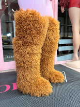 Shaggy Mongolian Fur Thigh High Boots- Brown
