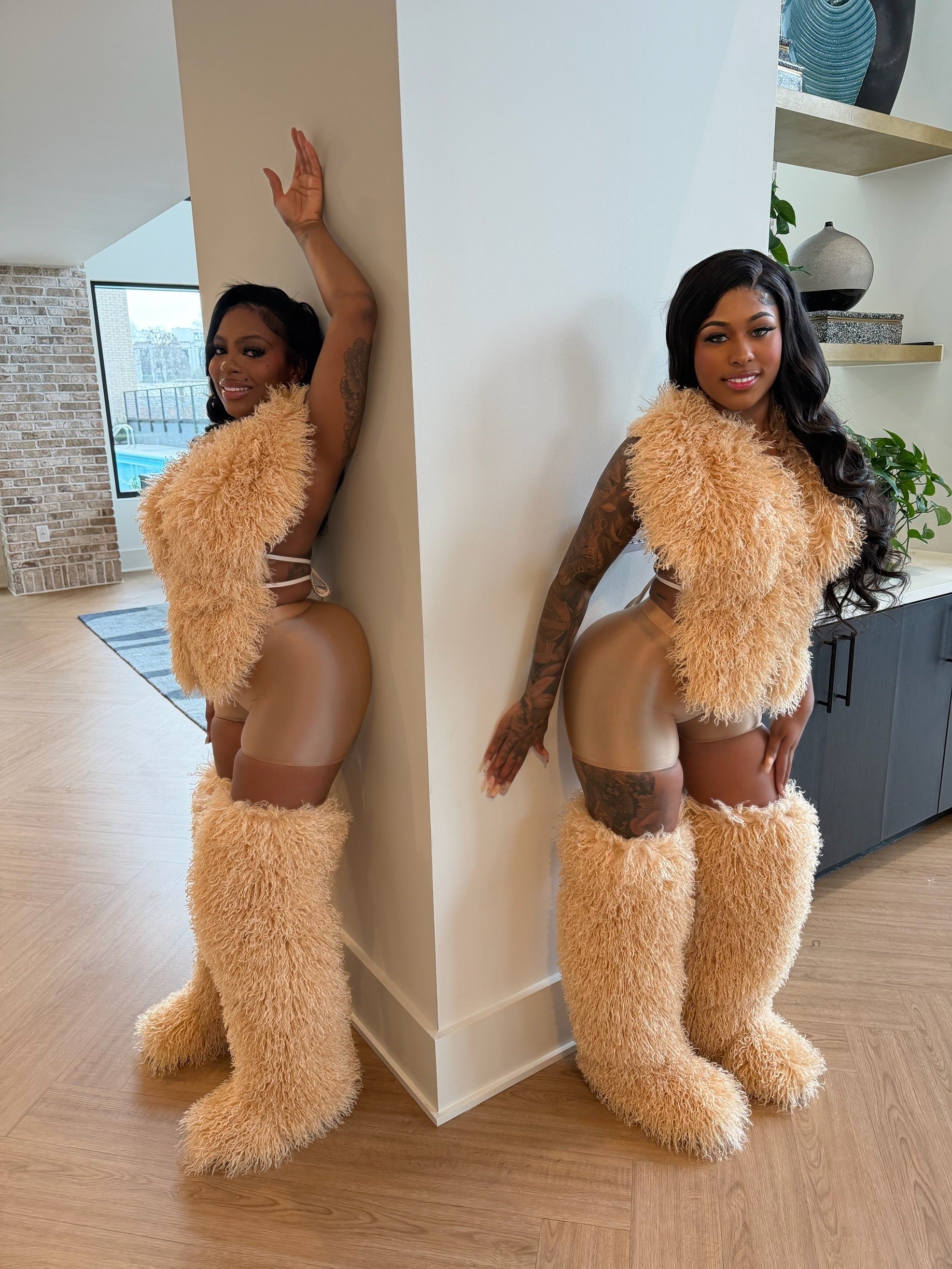 (Pre-Order) Shaggy Mongolian Halter Top,Shorts,Boots Combo- Tan