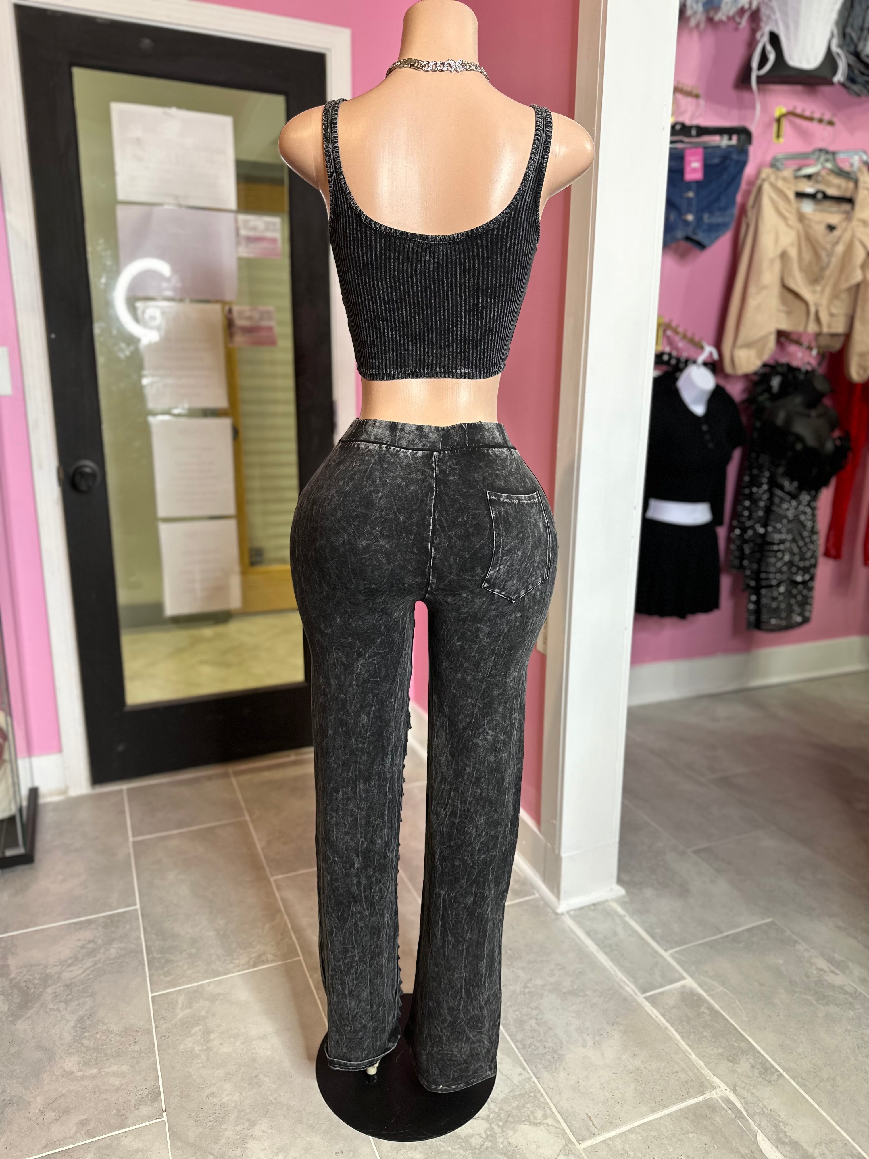 Mineral Wash Cut Out Pant Set- Black