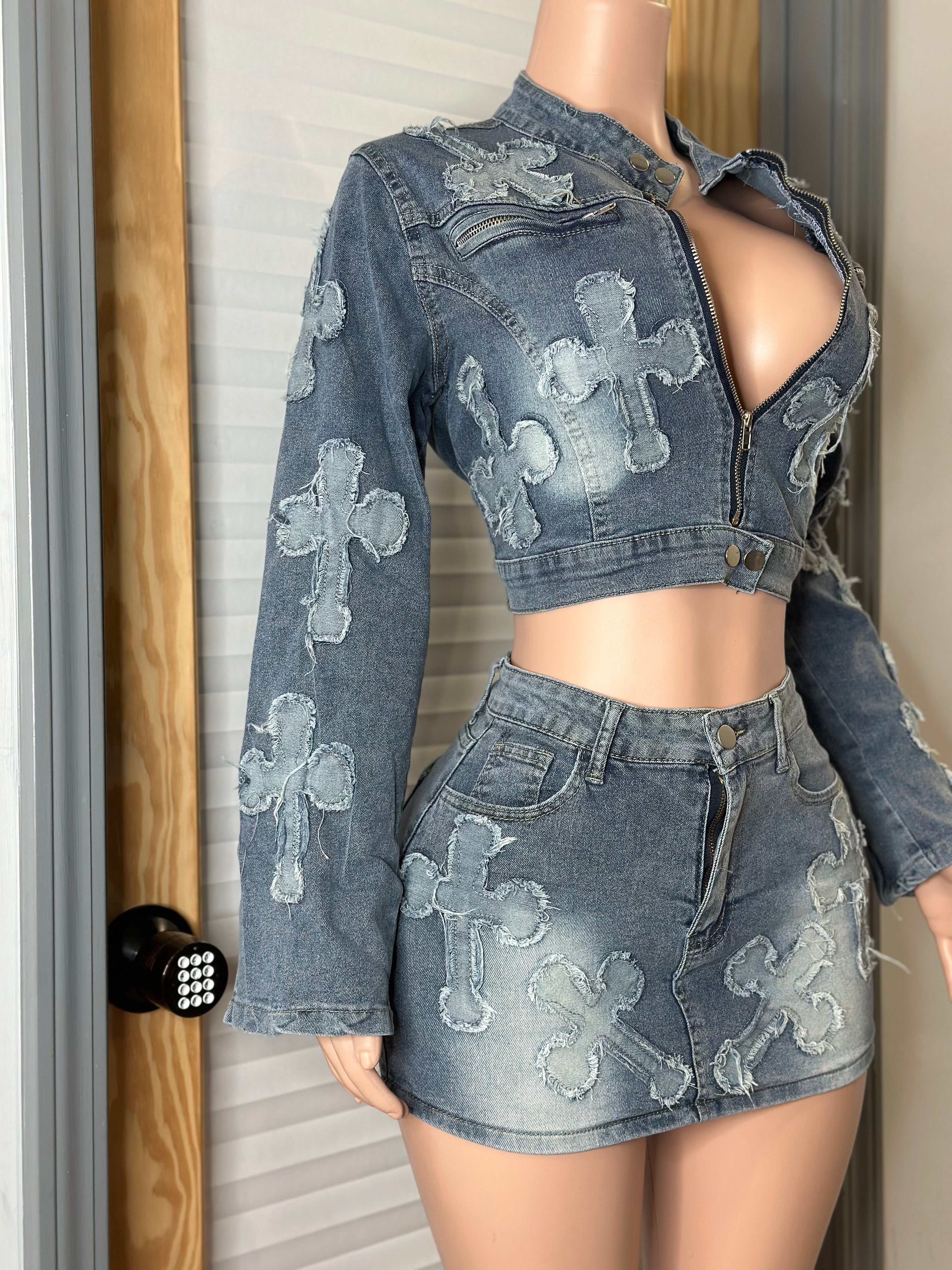 Crossed My Mind Denim Mini Skirt Set