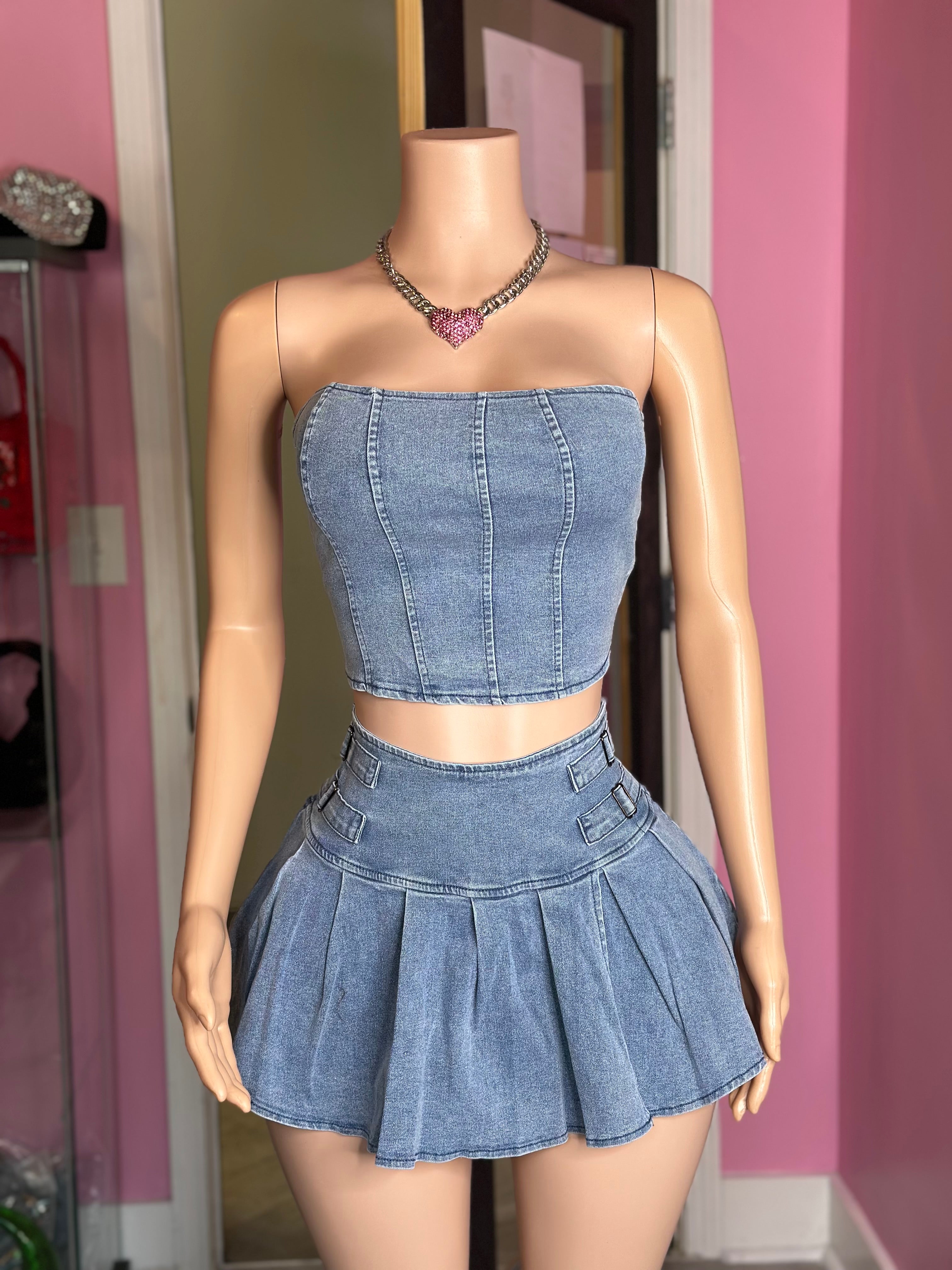 The Weekend Denim Tube Top & Pleated Skirt Set
