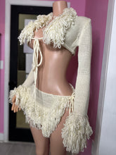 Chic Fringed Cream Knit Set with Cover-Up and Mini Skirt