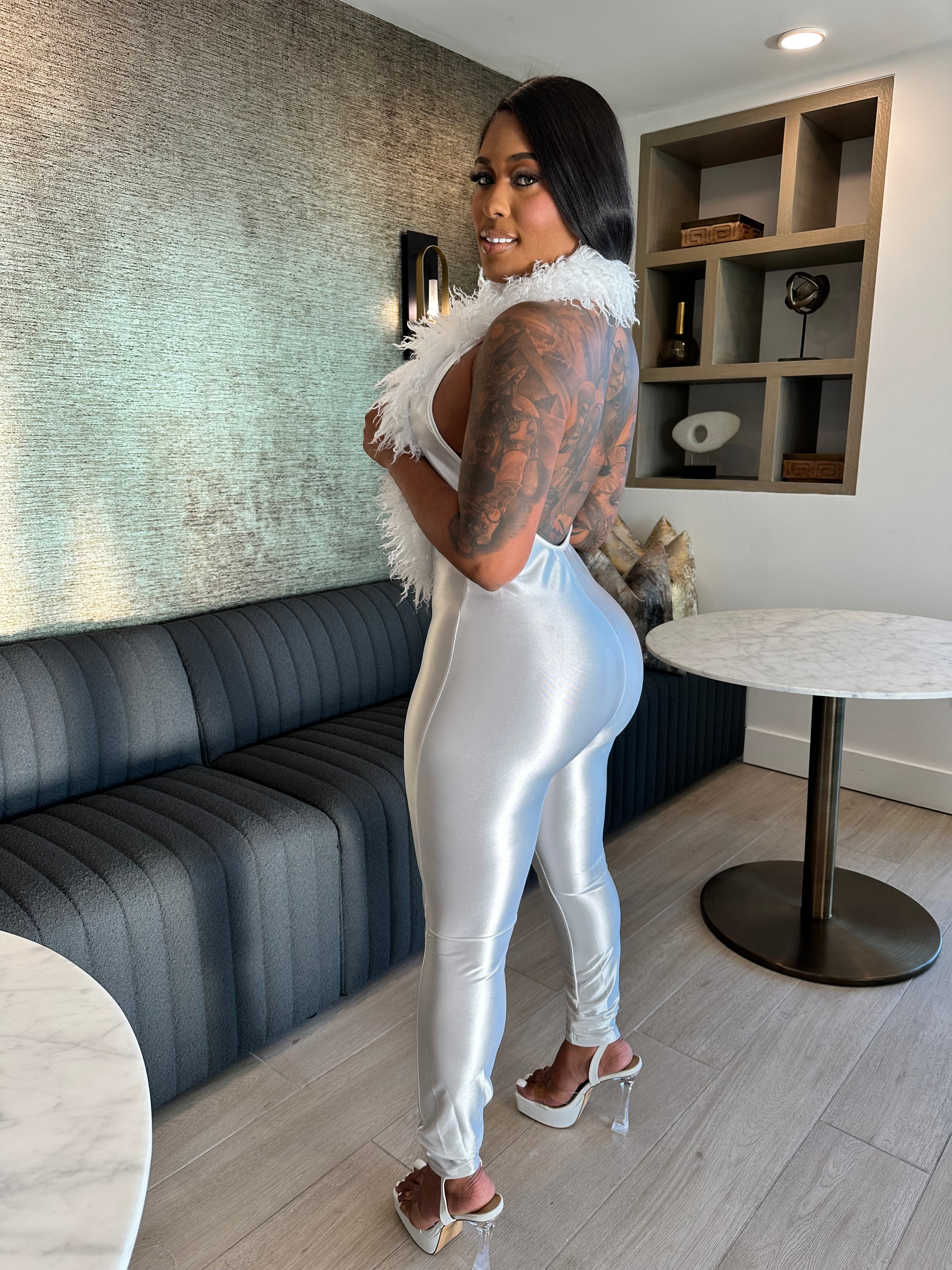 Make An Appearance Halter Neck Mongolian Fur Jumpsuit- White