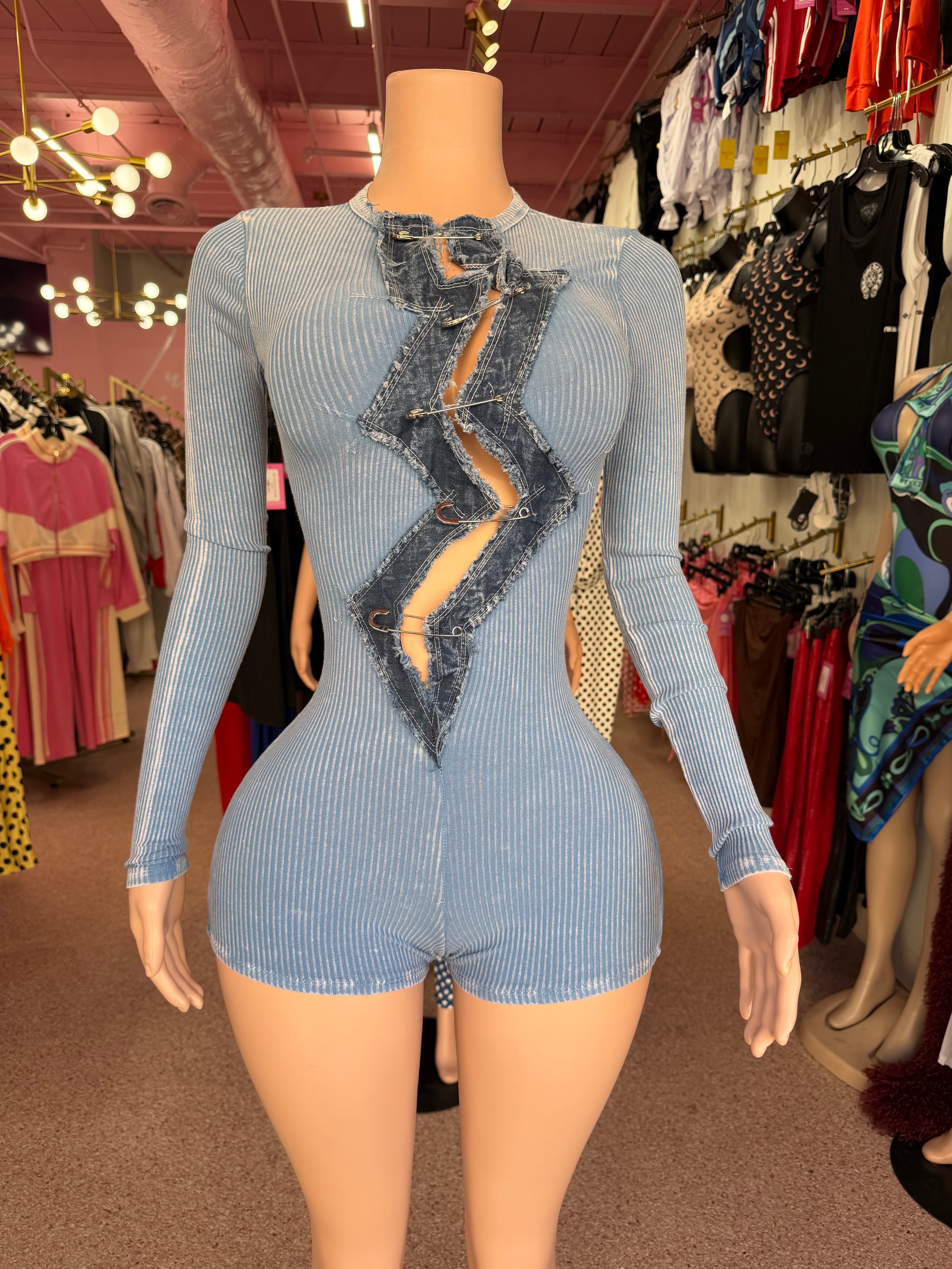 Pin Me Down Romper – Washed Denim