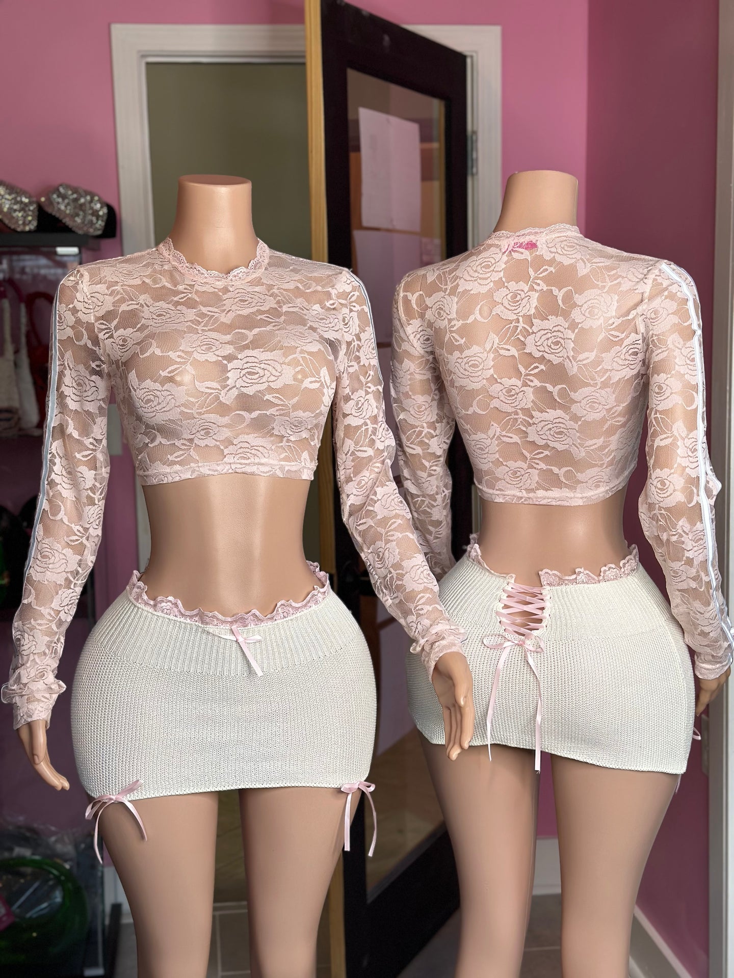 Flirty Girl Lace Skirt Set- Pink/Off White