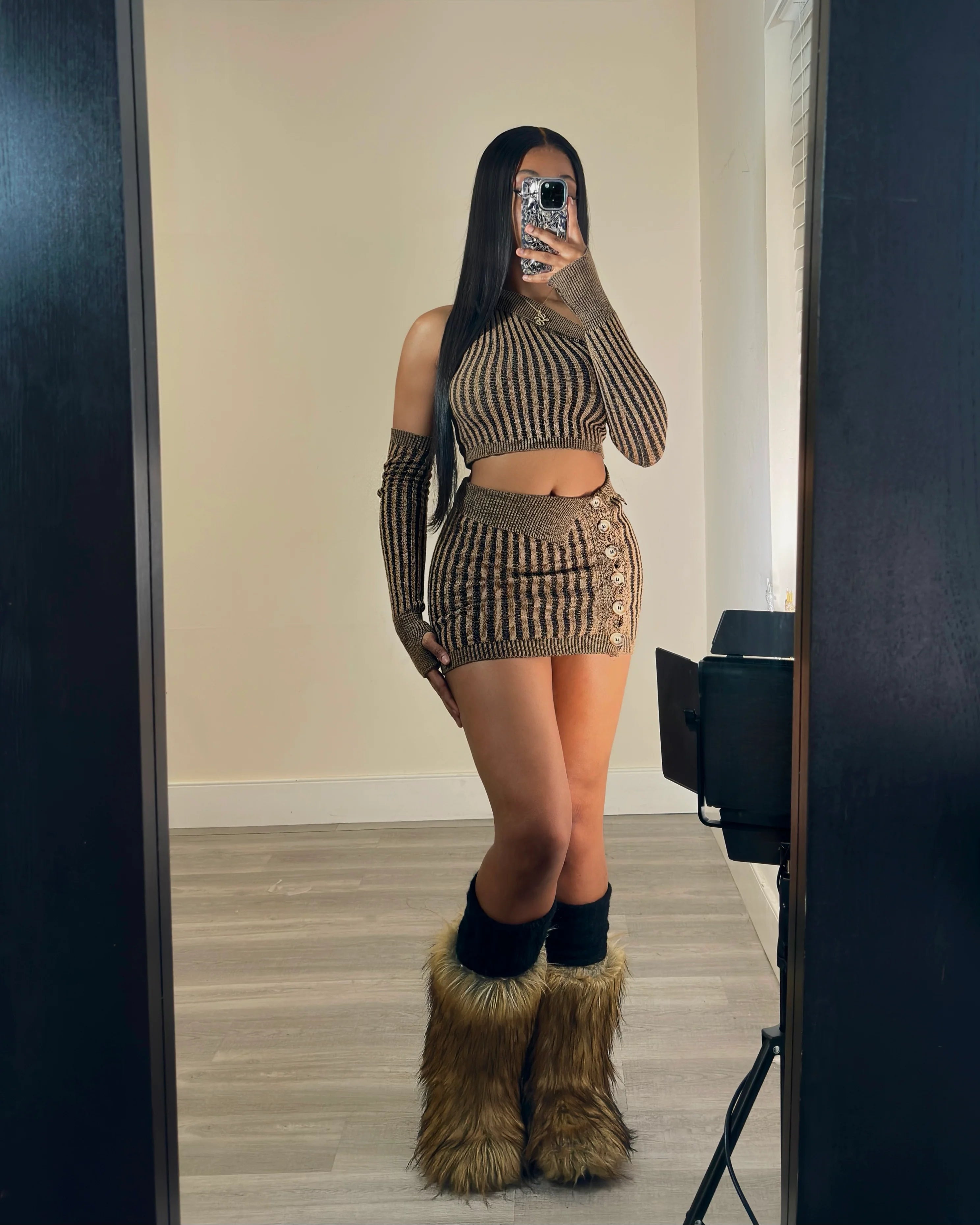 Keep It Casual Striped Knitted Skirt Set- Brown
