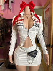 Chic Racer-Style Zero Circle Zip-Up Top Only- White