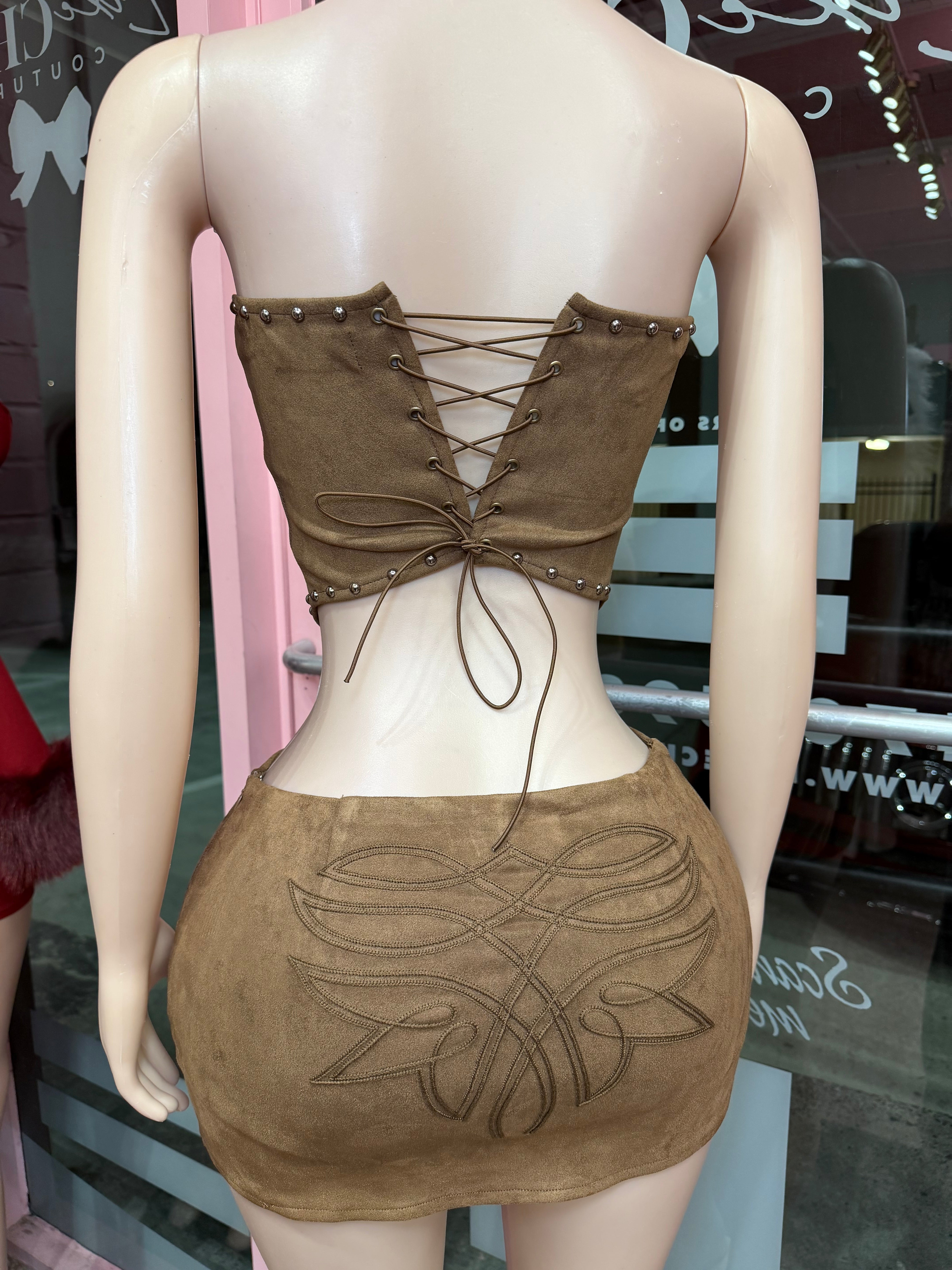 Desert Heat Suede Corset & Mini Skirt Set- Brown