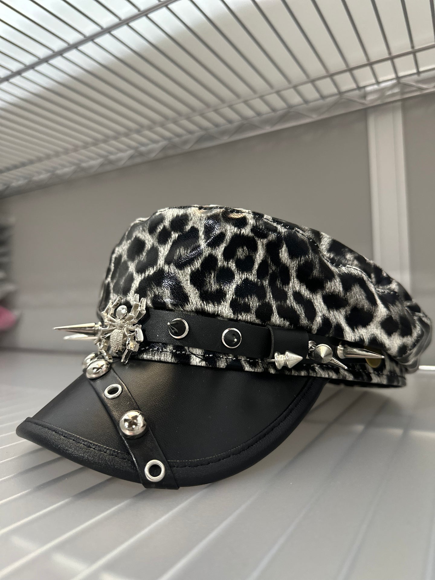 Leopard Print Spike Hat with Silver Accents- Gray