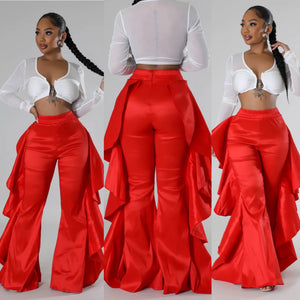 Ruffle Side Bell Bottom Pants- Red