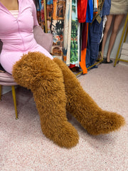 Shaggy Mongolian Fur Thigh High Boots- Brown