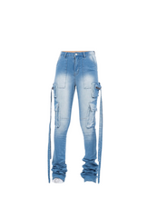 Multi Pocket Stacked Cargo Jeans- Blue
