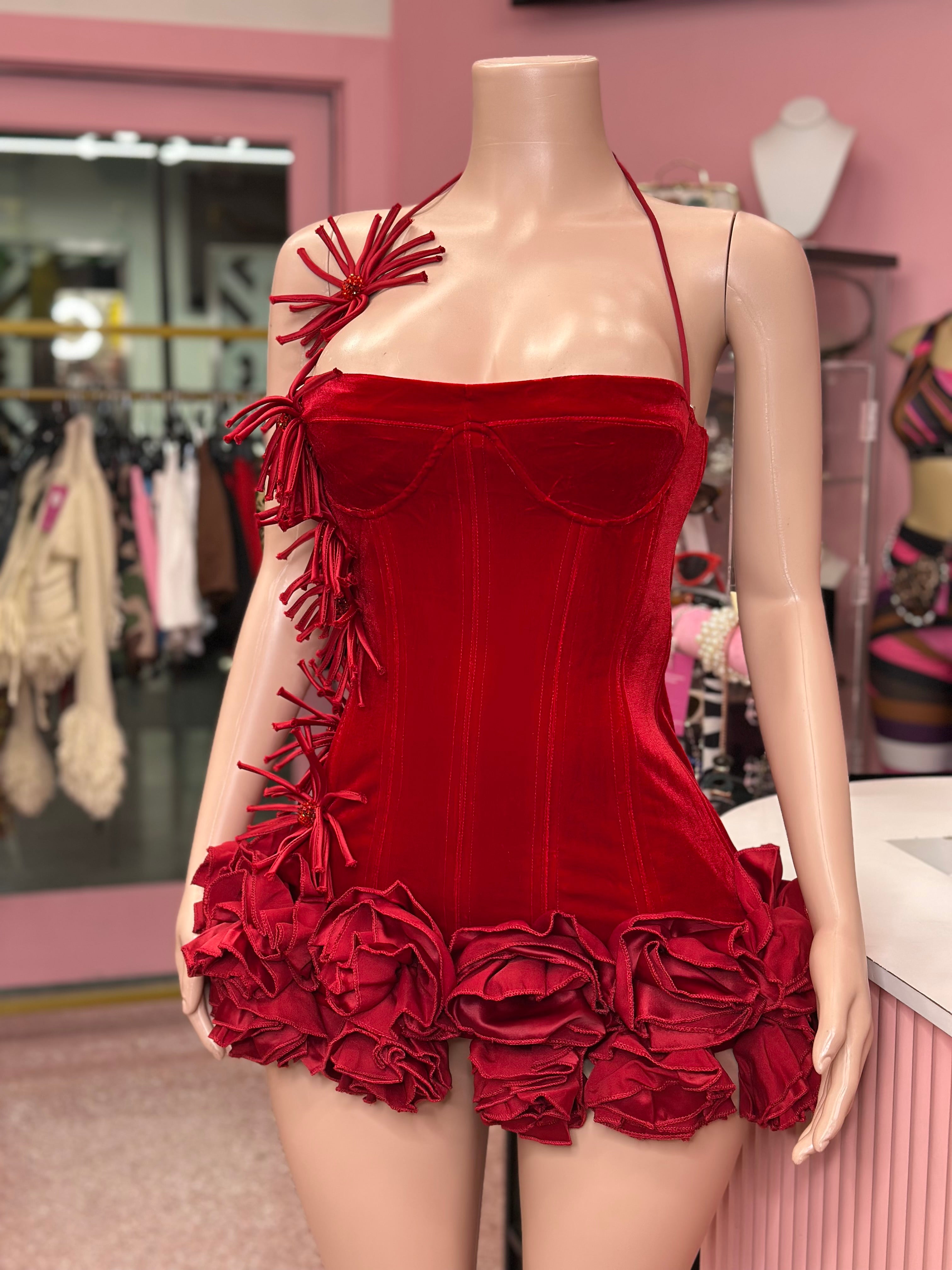 *Pre-Order 10-15 business days then ship* Meet Me At The Party Floral Effect Velvet Mini Dress – Red & Black Options