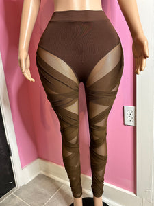 Chic Strappy Mesh Leggings- Brown