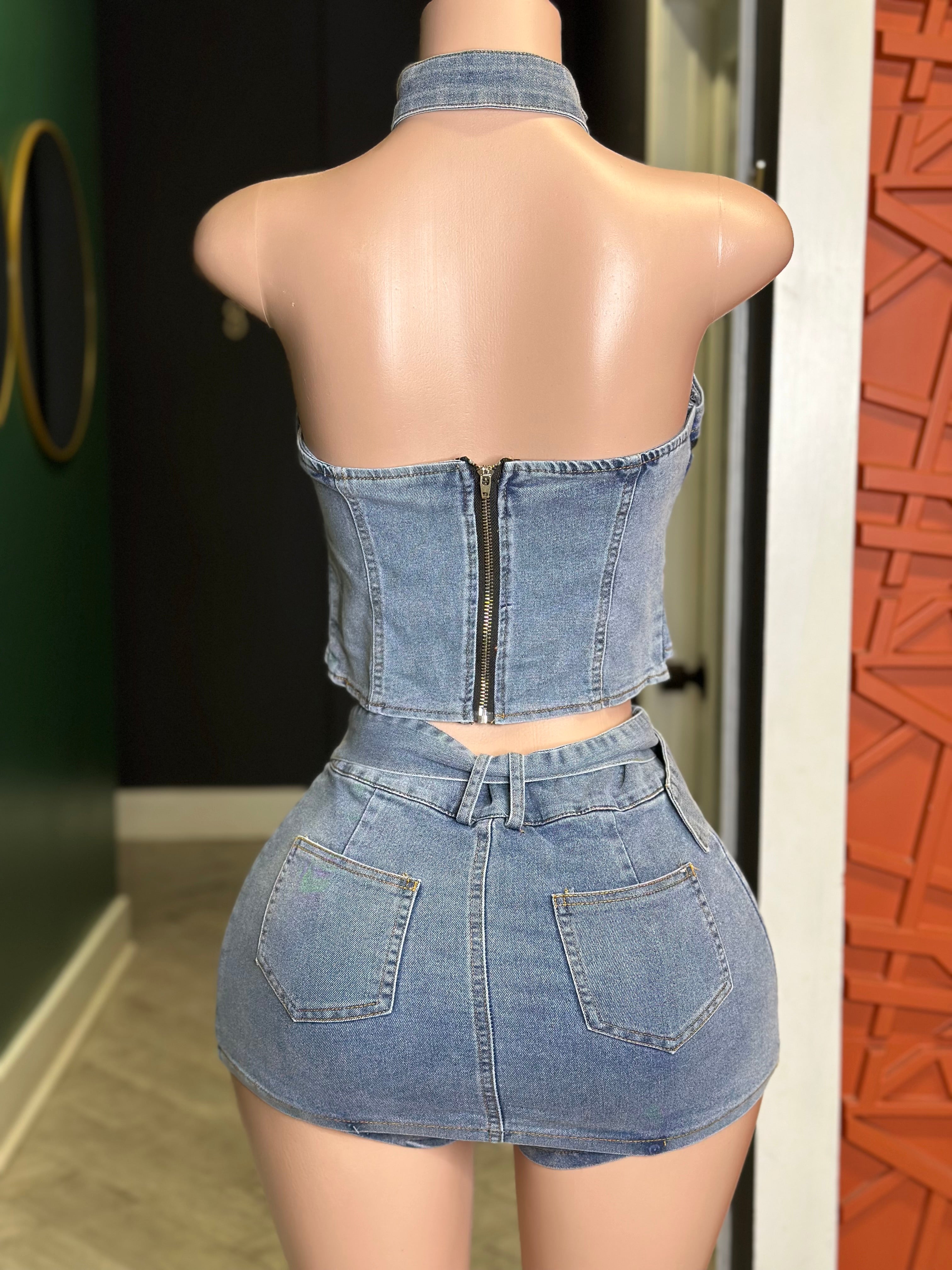 New Phase Halter Crop Top & Skort Set- Denim