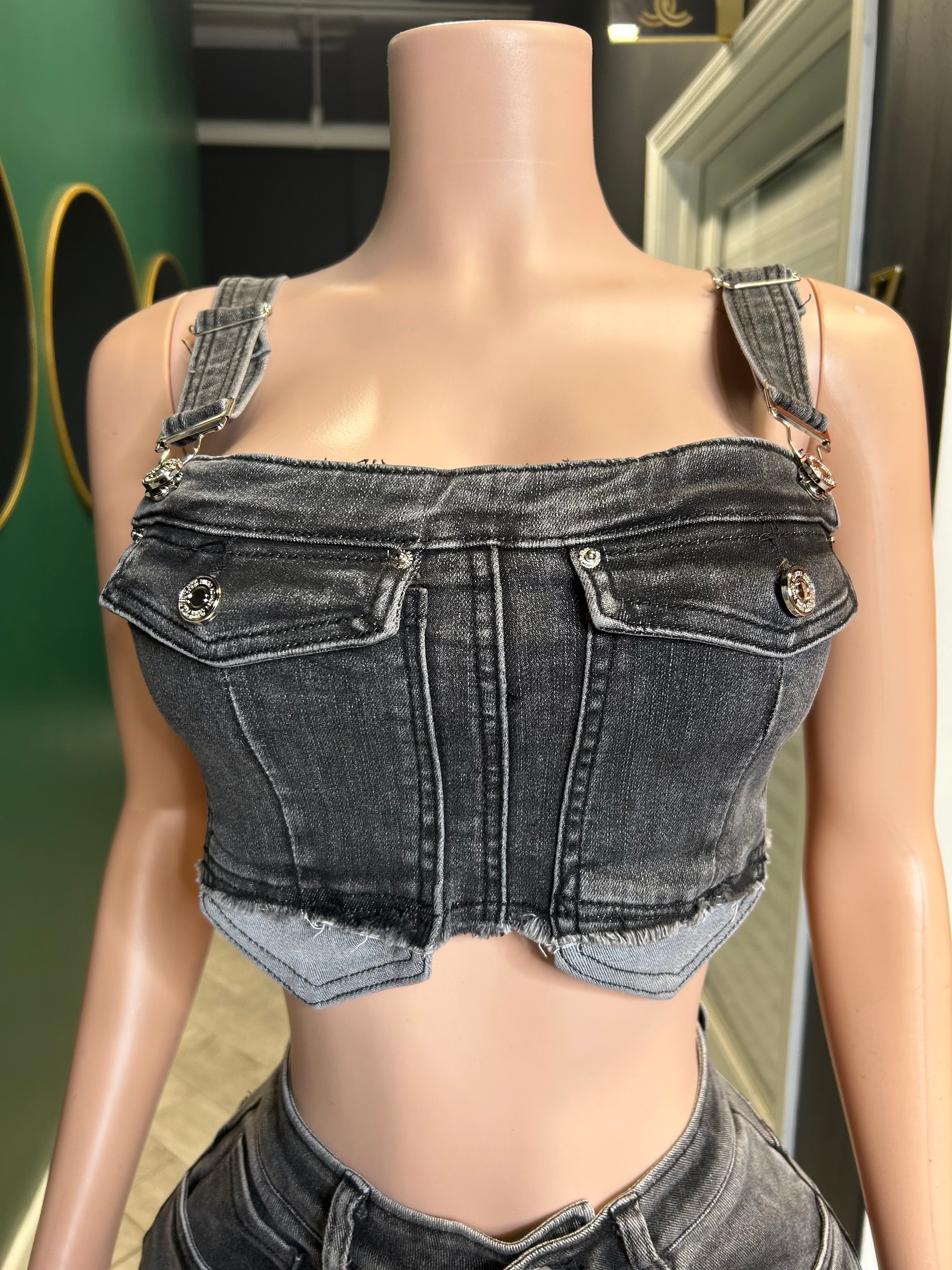 Playing The Field Cargo Pants & Denim Crop Top- Black