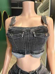 Playing The Field Cargo Pants & Denim Crop Top- Black