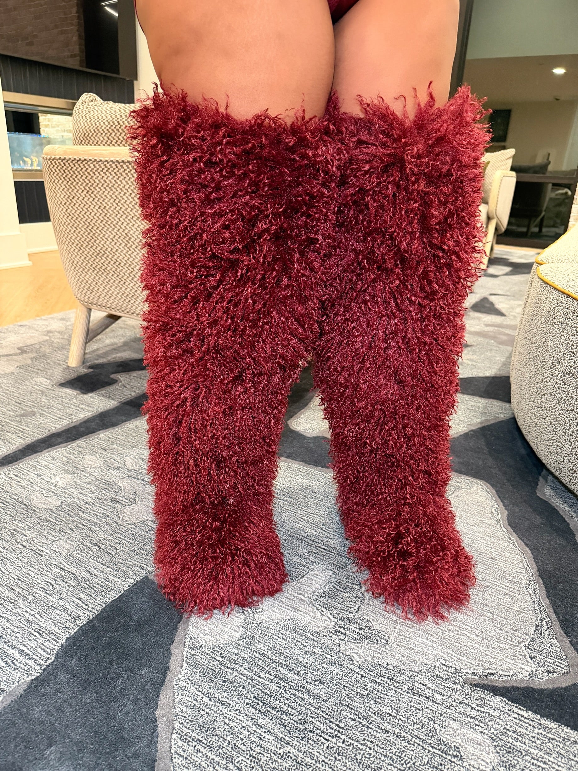 Shaggy Mongolian Fur Thigh High Boots- Wine