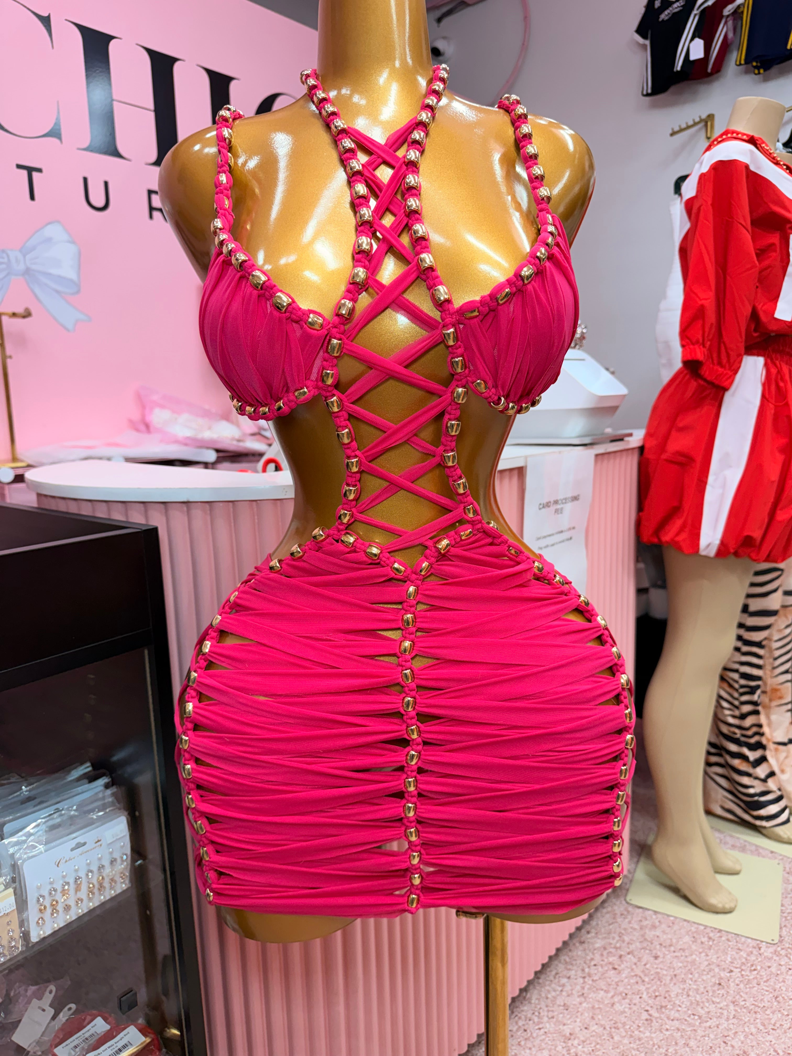 (Pre-Order 6 Business Days Then Ship ) Dangerously Entangled Mini Dress- Pink