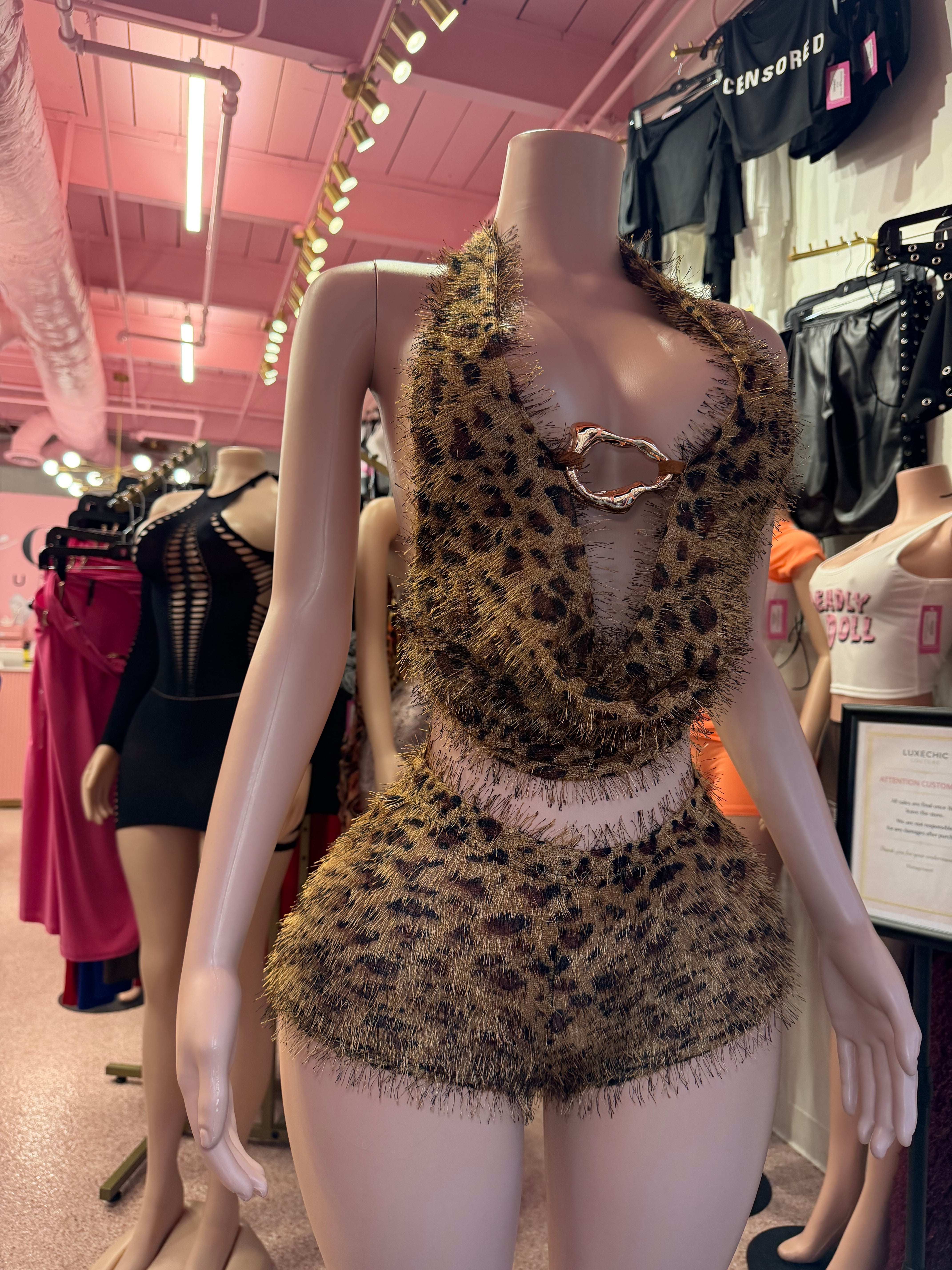 Wild Obsession Fuzzy Short Set- Leopard Print