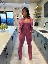 Washed Zip-Up Crop Jacket & Flare Jumpsuit Set- Sangria