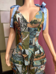 Artistic Patchwork Corset & Cargo Pant Set- Blue Multi