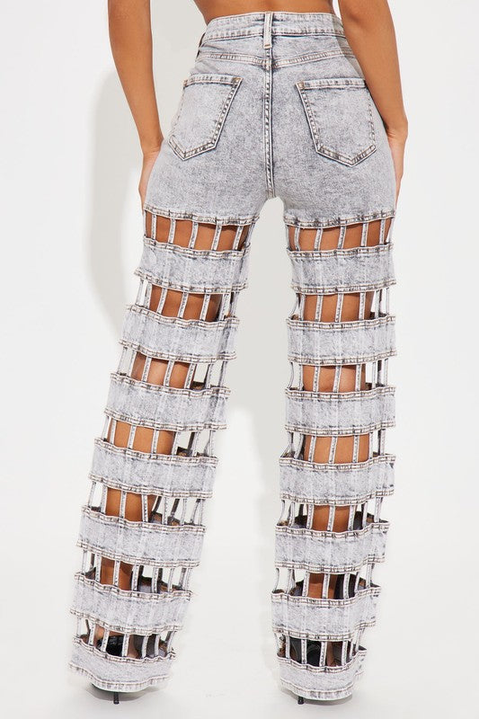Concrete Cutout Cage Denim Jeans – Gray