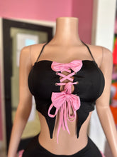 Feel My Love Bow Corset & Skirt Set- Black/Pink