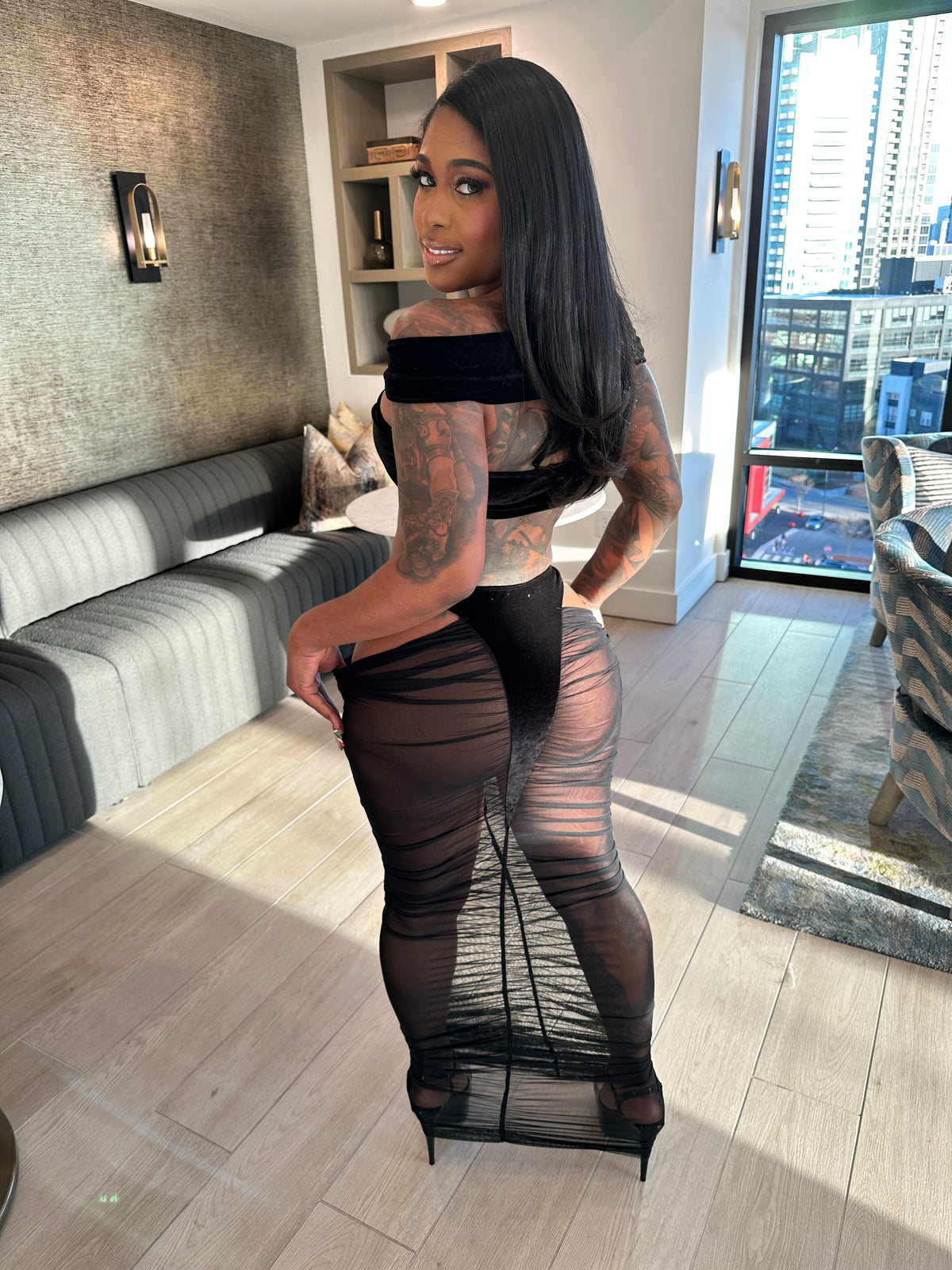 Velvet Temptation Ruched Skirt Set- Black