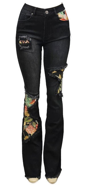 Floral Print Denim Pants- Black