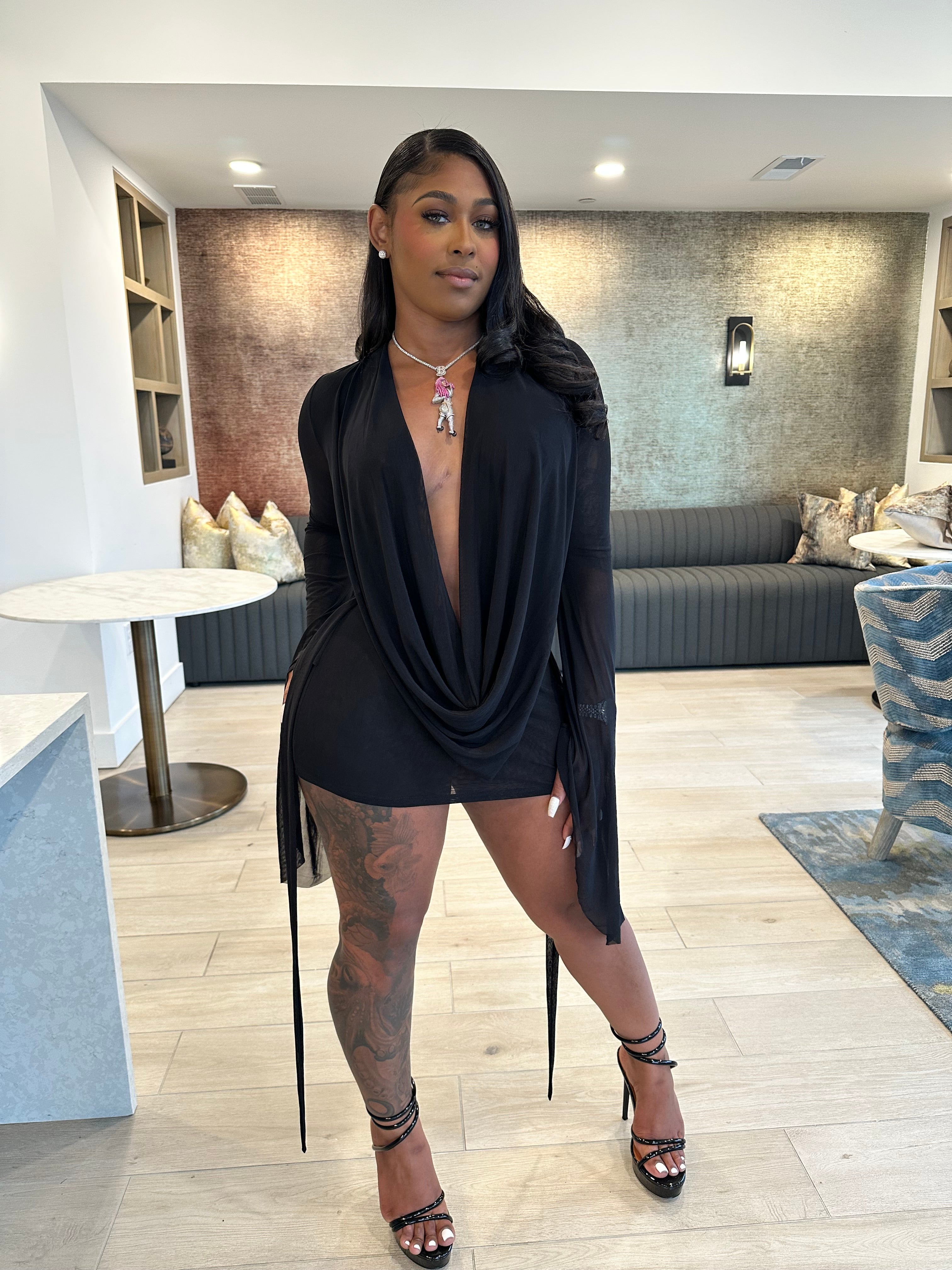 Drip Effect Drape Mini Dress- Black