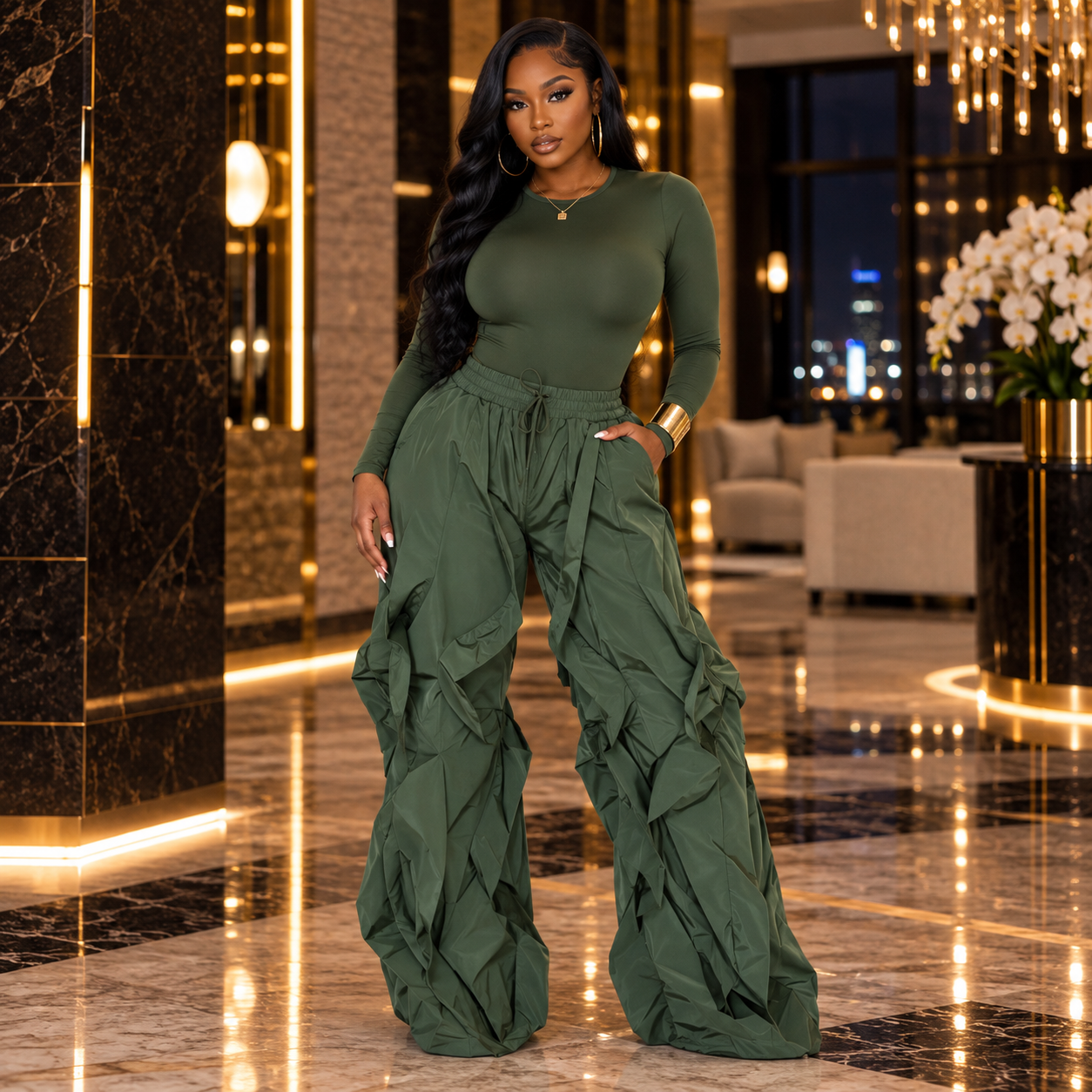 RUFFLE ME UP BODYSUIT & PARACHUTE PANT SET- Olive