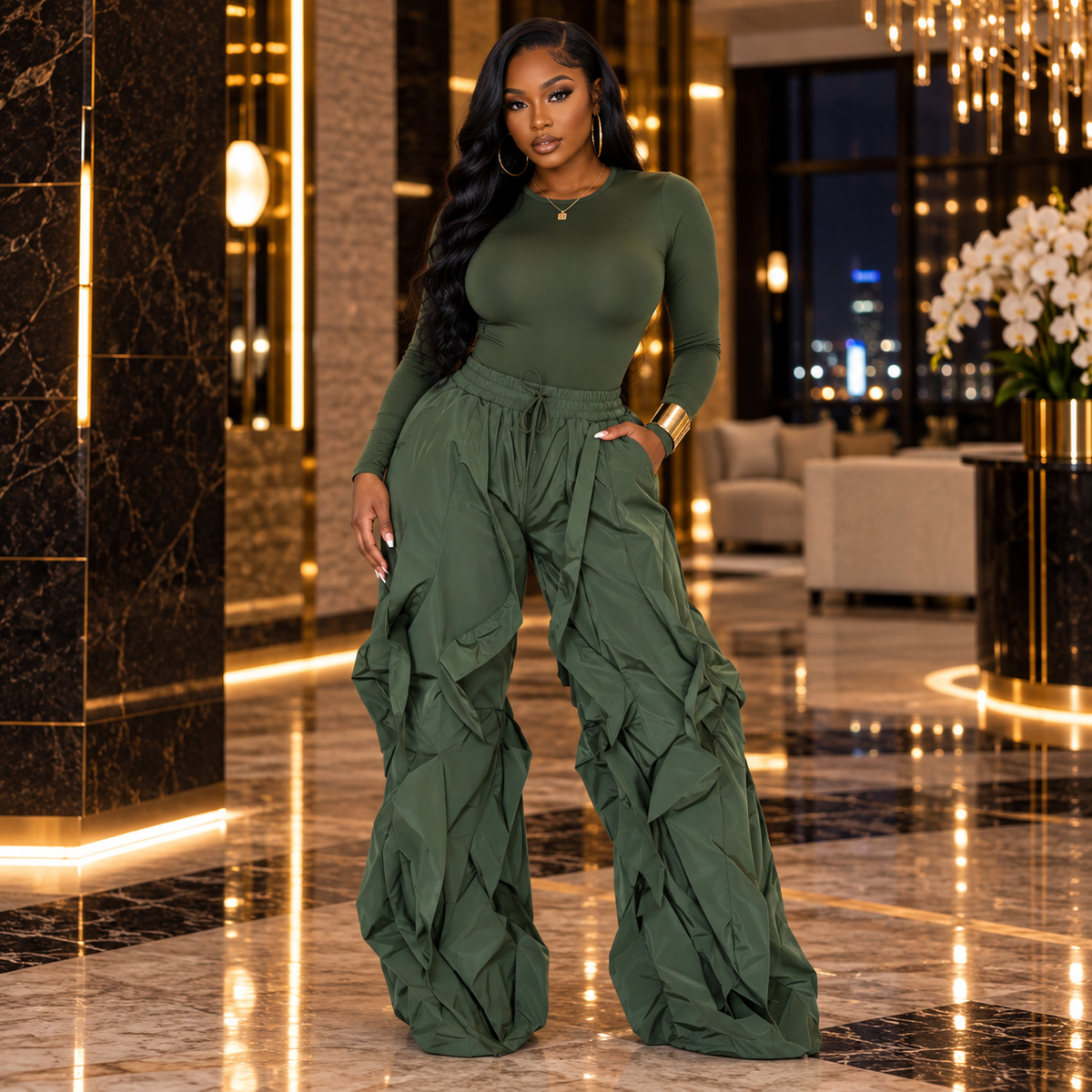 RUFFLE ME UP BODYSUIT & PARACHUTE PANT SET- Olive