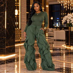 RUFFLE ME UP BODYSUIT & PARACHUTE PANT SET- Olive